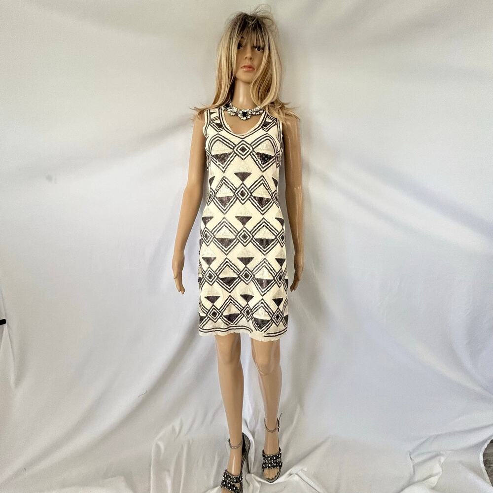 Chelsea & Violet Sequin Dress XS Black Ivory Art Deco Geometric Mini